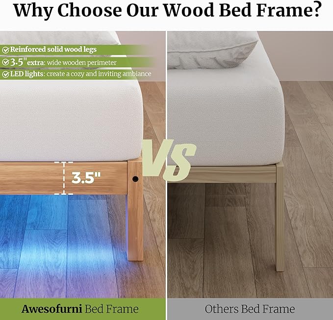 Awesofurni Twin XL Bed Frame with LED Lights, 12 Inch Solid Wood Platform Bed with Wooden Slats, Natural Finish, No Box Spring Needed, Noise Free - Easy Assembly