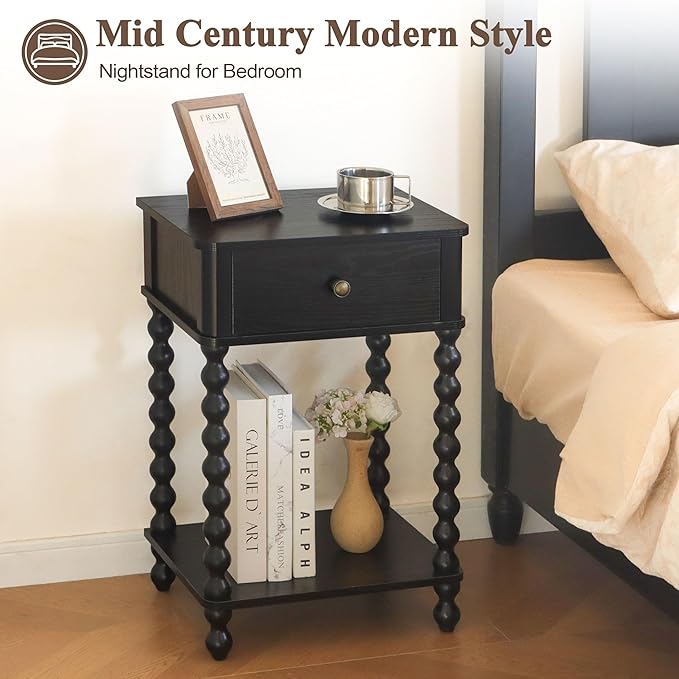 AWASEN Black Nightstand, Bedroom Side Table with Drawer for Living Room, Small Bedside End Table with Spindle Wood Legs for Bedroom, Office, Black