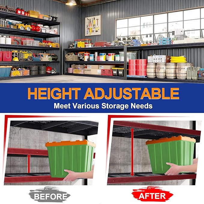 Heavy Duty Storage Shelves 62" W, Metal Shelving Rack, Garage Storage Shelf, Black Adjustable Shelving Unit for Garage, Basement, Warehouse, Workshop 3050 lbs,62" W x 24" D x72 H
