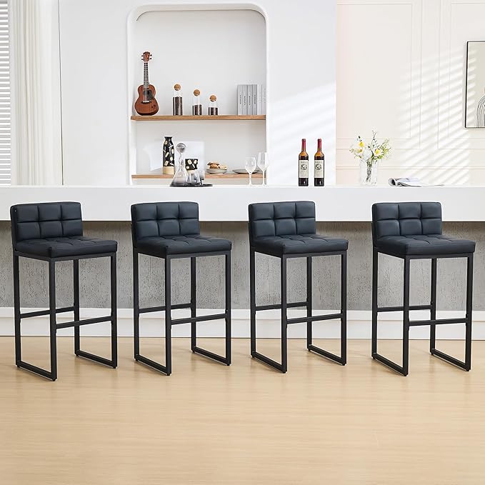 FIRAVOE Modern Bar Stools Set of 4, Upholstered Bar Height Barstools with Low Back and Thickened Metal Frame, 30-inch Tall Island Chairs for Kitchen Island, Bar, Counter (Black, 4Pcs 30" Bar Stools)