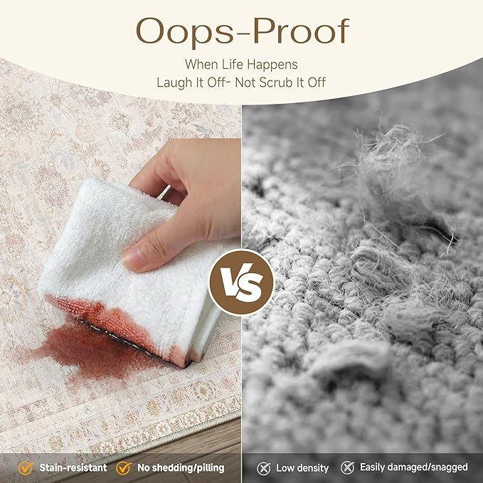 8x10 Washable Neutral Area Rug Living Room Beige Floral Non Slip Low Pile Large Rug Modern Traditional Stain Resistant Distressed Carpet Bedroom Dining Room Office Playroom
