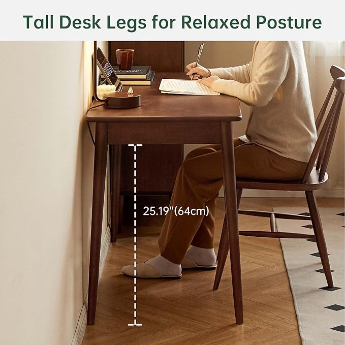 Computer Desk, Solid Wood Desk, Mid Century Modern Home Office, Writing Desk with Drawers for Study Bedroom Living Room