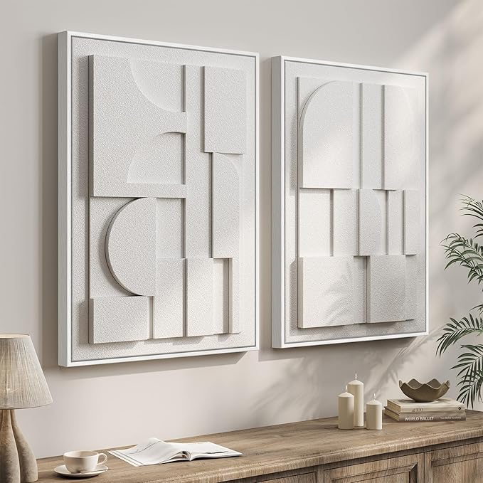 Large 3D Textured Framed White Abstract Wall Art for Living Room, Set of 2 Modern Sandstone Artwork for Walls, White Minimalist Geometric Block Pictures for Bedroom Hallway Office Wall Decor 24x36 In