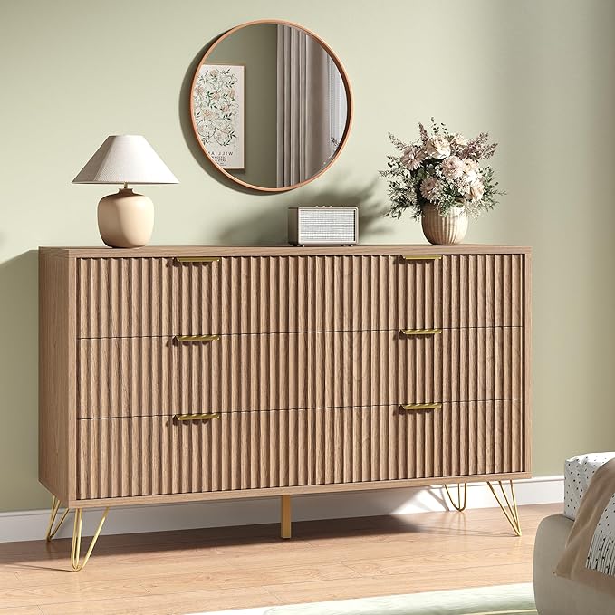 Fluted 6 Drawers Dresser for Bedroom, Wood Dressers with Scratch-Proof Golden Handles, Natural Curved Profile, Modern Double Chest for Living Room, Hallway, Entryway, Natural Oak