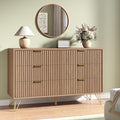 Fluted 6 Drawers Dresser for Bedroom, Wood Dressers with Scratch-Proof Golden Handles, Natural Curved Profile, Modern Double Chest for Living Room, Hallway, Entryway, Natural Oak
