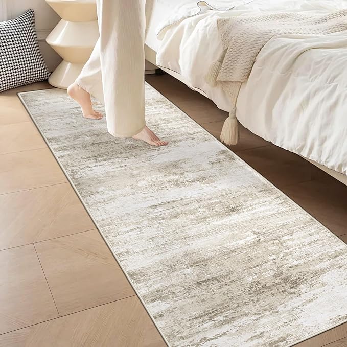 Washable 2x8 Runner Rug for Hallway: Kitchen Runner Non Slip Neutral Soft Abstract Modern Low Pile Stain Resistant Carpet Runner for Entryway Bedroom Bathroom Laundry Indoor Floor (Beige, 2'x8')