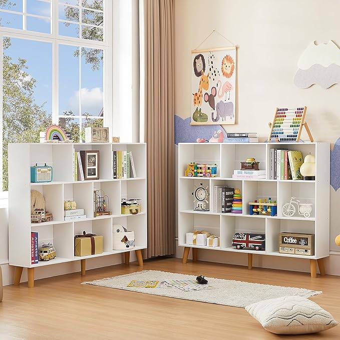 LEYAOYAO 10 Cube Bookshelf, 3 Tier Vintage 55" Wide Bookcase with Legs, Mid-Century Wood Bookshelves Storage, White Large Book Case, Freestanding Organizer Display Shelf for Living Room, Office