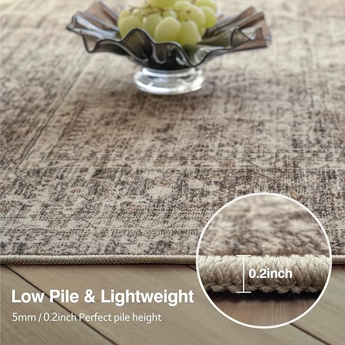 FMFUNCTEX 4x5 Washable Area Rug Neutral Vintage Taupe Non Slip Low Pile Traditional Indoor Carpet for Entryway Living Room Bedroom Soft Retro Floral Mat Throw Rug for Dining Office Kitchen Entryway
