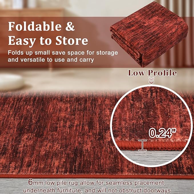 RUGSREAL Living Room Area Rug 9x12 Washable Rug Non-Slip Stain Resistant Modern Abstract Bedroom Rug Contemporary Throw Floor Carpet for Dining Room Solid Area Rug for Home Office, Red