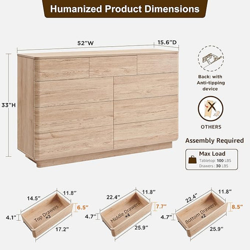 ACCOHOHO Modern 9 Drawer Dresser for Bedroom, 52" Wide Wooden Dressers with Large Storage,Handleless Chest of Drawers TV Stand for Living Room & Hallway, Curved Profile Design,Natural Oak