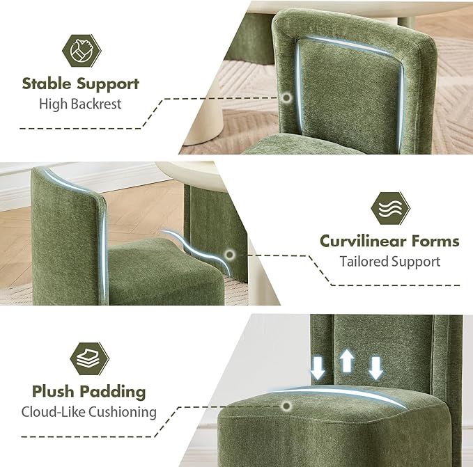 Hyfirm Upholstered Dining Chairs Set of 2, Mid-Century Scandinavian Parsons Armless Chairs with Plush Seat Cushion for Diningroom Bedroom Livingroom Reading Room，Green Fabric