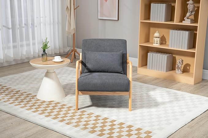 KEIKI Mid Century Modern Accent Chair Wood Frame, Cotton Linen Sleek Neutral Armchair for Living Room Bedroom Sunroom Apartment Studio, Urban Lounge Seat with Waist Cushion, Padded, Easy Setup, Grey