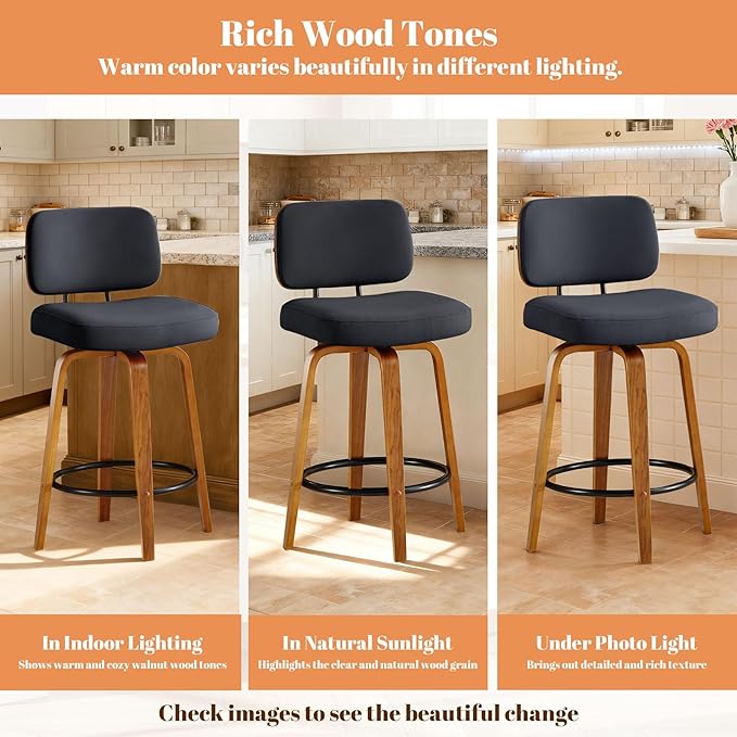 Counter Height Bar Stools Set of 3, 26+inch Swivel Faux Leather Barstool with Back, Upholstered Mid-Century Modern Bar Chairs with Bent Wood Legs for Kitchen Counter, Dining Room, Black