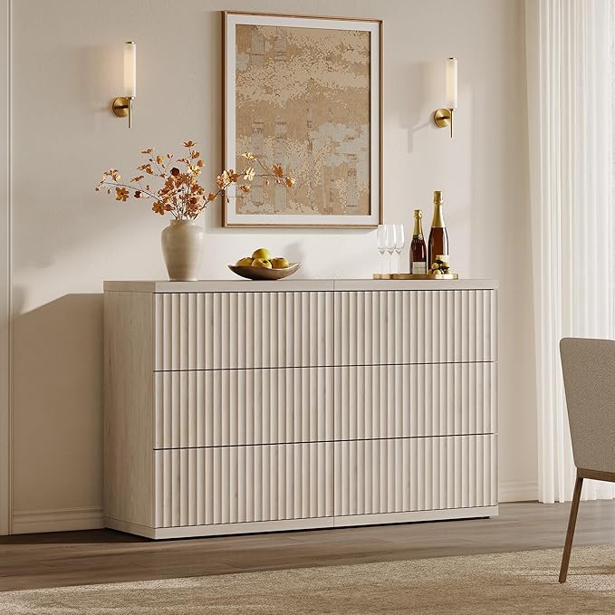 SICOTAS Modern Sideboard Buffet Cabinet, Fluted Credenza Storage Cabinet with 3 Larger Drawers, Mid Century Media Console Coffee Bar Table for Dining Room Hallway Kitchen, White Alder