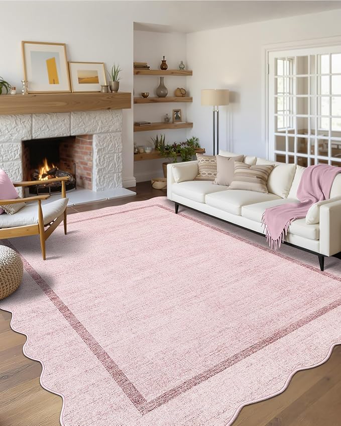 GarveeHome Scalloped Washable Rug 6x9 Area Rugs for Living Room Modern Pink Nursery Rug Large Area Rug for Bedroom Non Slip Throw Rugs Soft Low Pile Stain Resistant Carpet for Dorm Girls Room 6'x9'