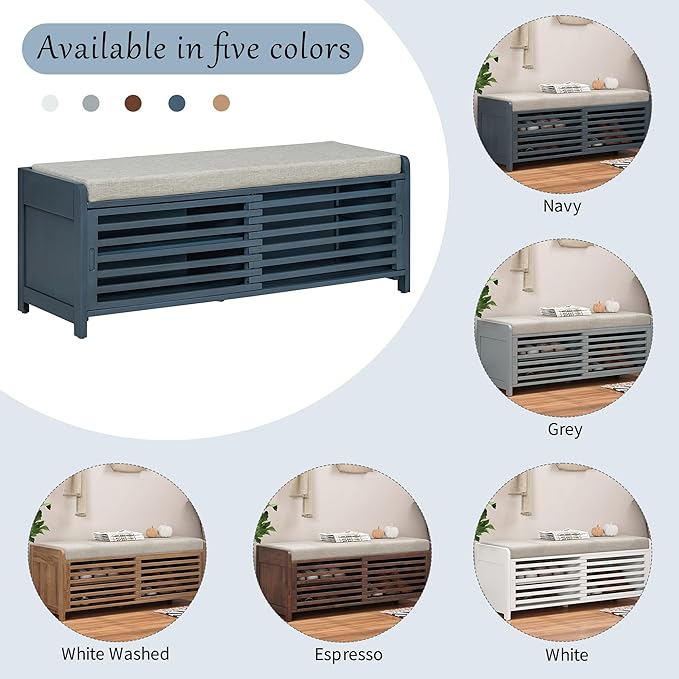 LUMISOL Shoe Bench with Storage and Cushion, Farmhouse Distressed Shutter Storage Bench with Retro Charm for Living Room, Entryway, Navy