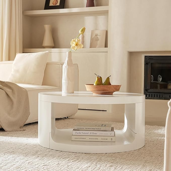 Round Coffee Table with Storage, 31" Modern Living Room Table, 2 Tier Circle Wood Center Tables for Apartment, Living Room, Open-Style Storage White Tea Tables, 31"*14.1" (White)
