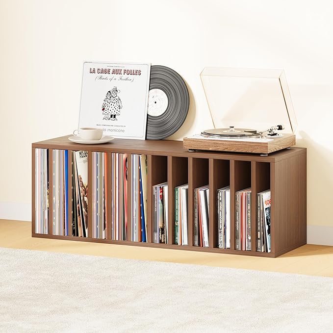 IOTXY DIY Modular Cube Bookcase - CubeXY Customizable Stackable Expandable Basic Shelving Units, 12-Cube Wooden Open Bookshelf with Removable Shelves for 10-inch Vinyl Record Storage Organizer, Walnut