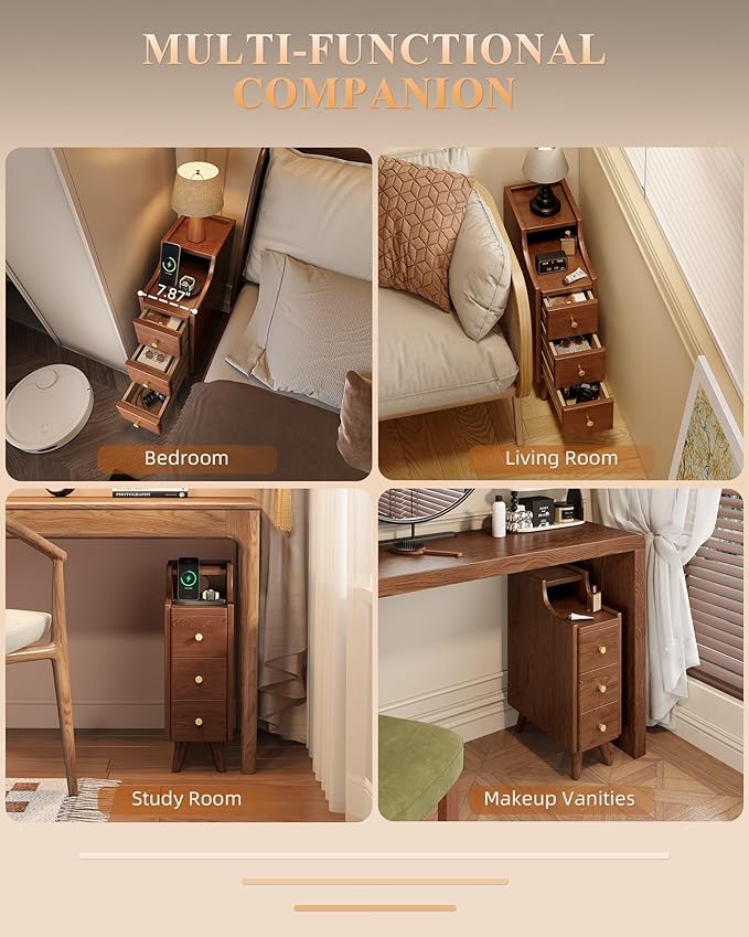 Narrow Nightstand with Drawers, 7.9" Solid Wood Nightstand with Open Shelf & Cable Hole, Modern Night Stand Slim Bedside Table for Small Spaces, Bedroom, Living Room, Study