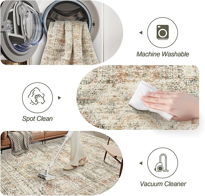 Soalmost Washable Area Rug 8x10, Large Soft Rugs for Living Room Vintage 8x10 Area Rugs for Bedroom Dining Room Non-Slip Stain Resistant Under Table Brown Pink Rug