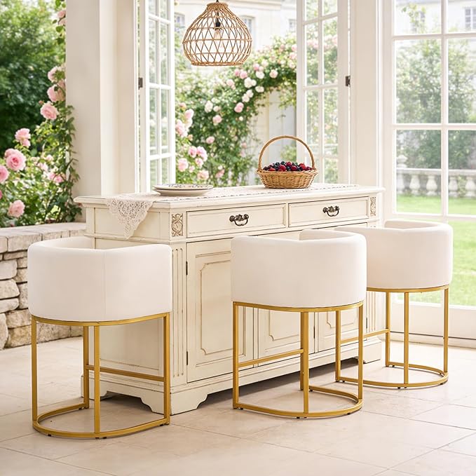 ClinQ 26" H Counter Height Bar Stools Set of 6, Modern Barrel Counter Stools with Backrest and Arms, Gold Metal Frames, Linen Fabric Upholstered Accent Barstools for Kitchen Island, Beige