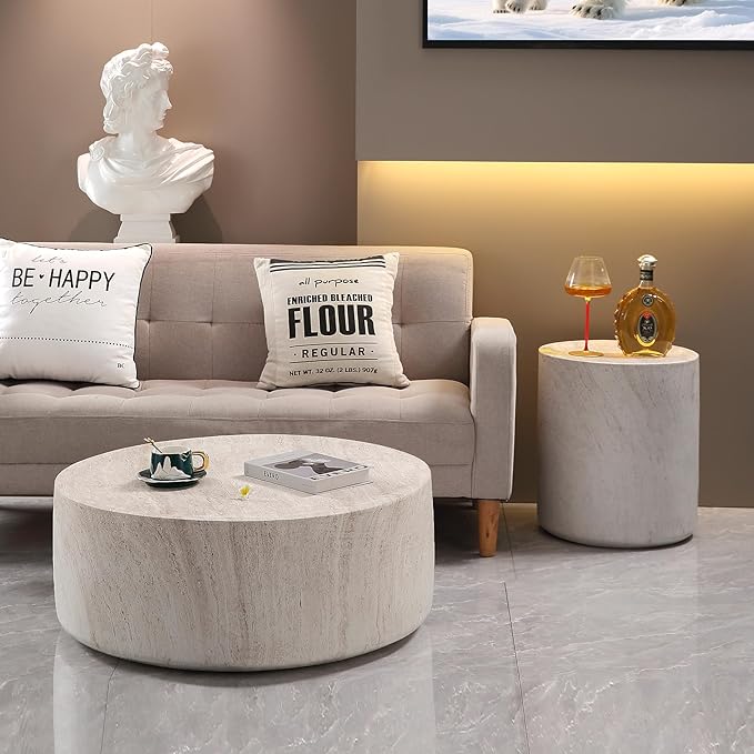WILLIAMSPACE Round Faux Marble Coffee Table Set of 2, Modern Circle Drum Stone Center Tables, Travertine Drum Tea Table for Living Room, Outdoor, Magnesium Oxide, 31.5" & 15.75", Light Beige