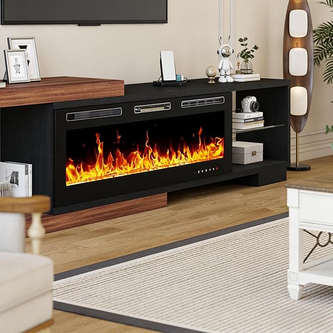 Extendable TV Stand with 50" Electric Fireplace, 71"-116" Long TV Console for Up to 120 Inch TV, Modern LED Entertainment Center with Glass Shelf for Living Room Bedroom, Black & Walnut
