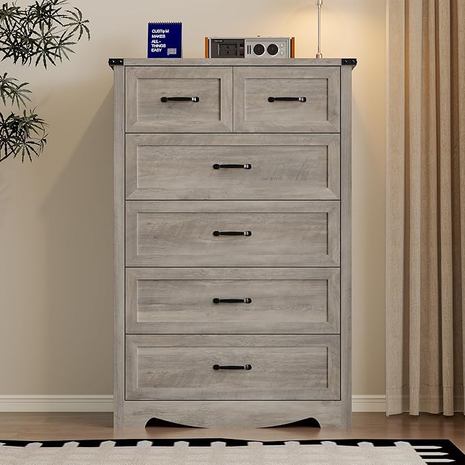 BORNOON Tall 6-Drawer Dresser for Bedroom, Modern Wooden Chest of Drawers with Metal Handles, Anti-Tipping Design, Sturdy and Stable Storage Organizer for Living Room, Entryway, Home Office