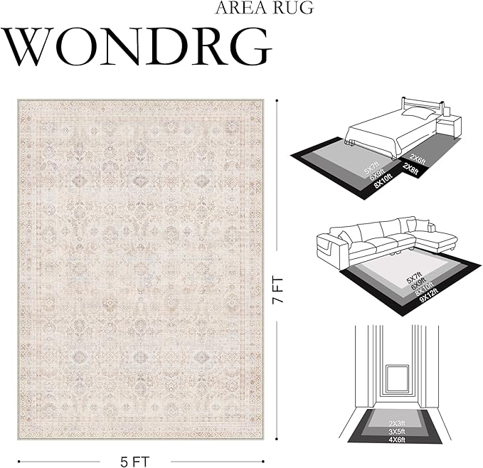 8x10 Washable Neutral Area Rug Living Room Beige Floral Non Slip Low Pile Large Rug Modern Traditional Stain Resistant Distressed Carpet Bedroom Dining Room Office Playroom