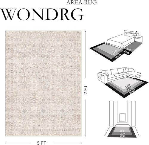 8x10 Washable Neutral Area Rug Living Room Beige Floral Non Slip Low Pile Large Rug Modern Traditional Stain Resistant Distressed Carpet Bedroom Dining Room Office Playroom