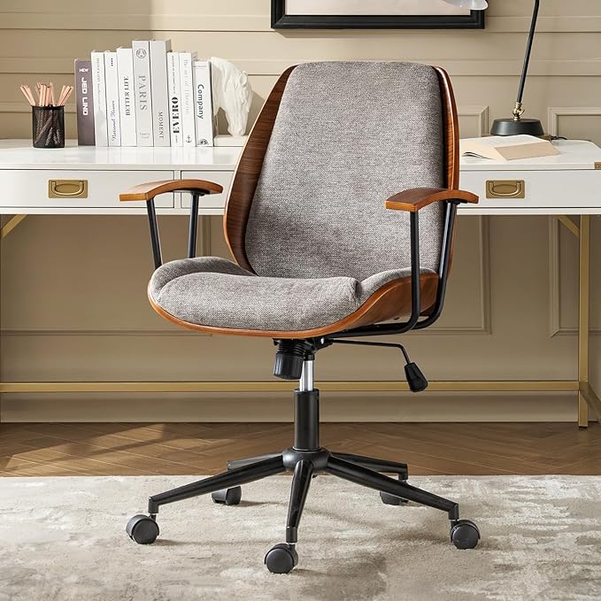 Modern Office Chair with Bentwood Polyester Upholstery Ergonomic Swivel Desk Chair with Adjustable Height for Home Office or Study Tan
