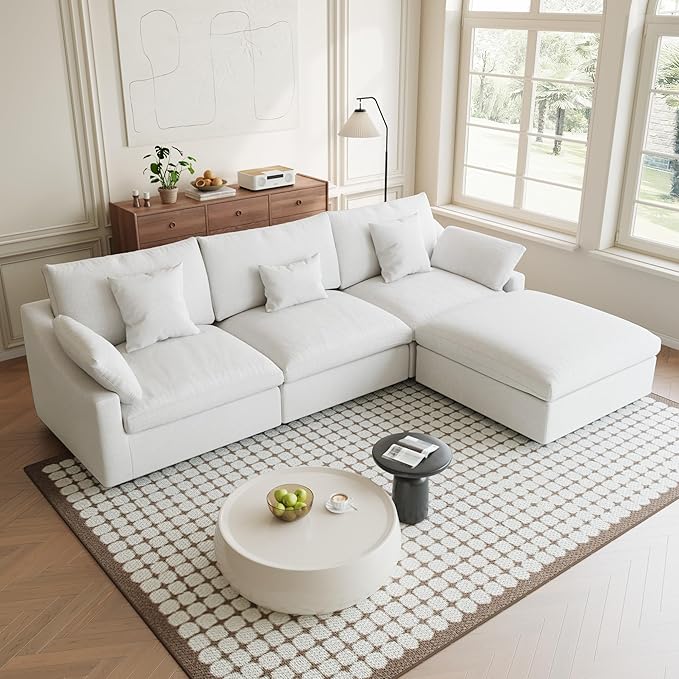 Modular Sectional Sofa Cloud Couch, 119.29" L Shaped Couch with Chaise Ottoman, Linen Blend Fabric Minimalist Deep Seat Couches for Living Room, Sofa Covers Washable&Removable, White