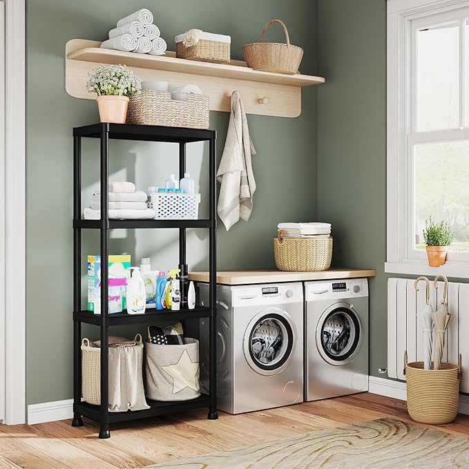 Plastic Storage Shelves, 12" D x 24" W x 52.56" H Plastic Shelves for Storage, 4-Tier Shelving Unit, Storage Rack, 264 lbs, Bathroom, Laundry, Garage & Home