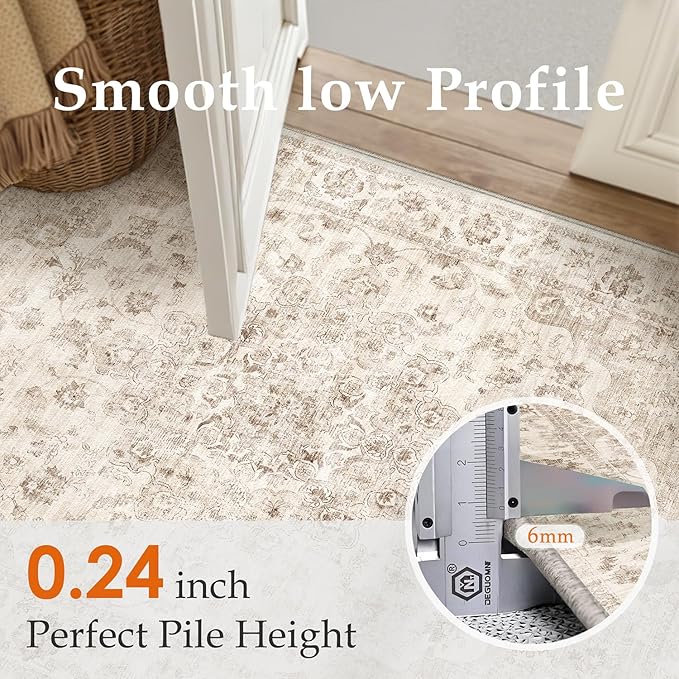 6x6 Washable Neutral Round Rug Beige Vintage Living Room Bedroom Circle Rug Non-Slip Soft Low Pile Farmhouse Indoor Carpet for Kitchen Dining Room Office
