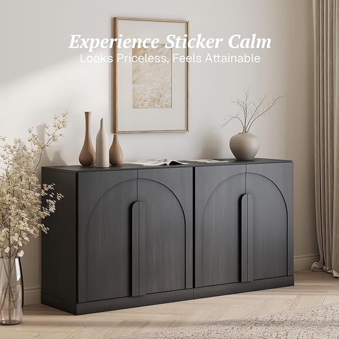 BELLEZE Set of 2 Modern Buffet Cabinets (63" Wide)-Large Sideboard Credenza with Arched Doors-Seamless Hidden Storage Console for Dining Room & Living Area-Ebony