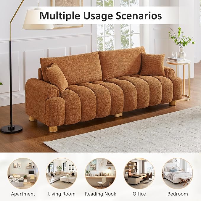 VANOMi Boucle Sofa Couch, 91" Comfy Tufted Upholstered Cloud Couches, Modern 3 Seater Sofa with Pillows, Oversized Deep Seat Sherpa Couch for Living Room, Bedroom, Apartment (Curry)