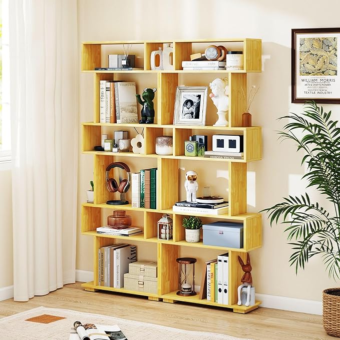 Giantex 6-Tier Geometric Bookshelves Set of 2, S-Shaped Bookcase with 2 Anti-Tipping Kits, Wooden Display Shelf, Decorative Storage Shelving Unit, Home Storage Organizer for Living Room, Burlywood