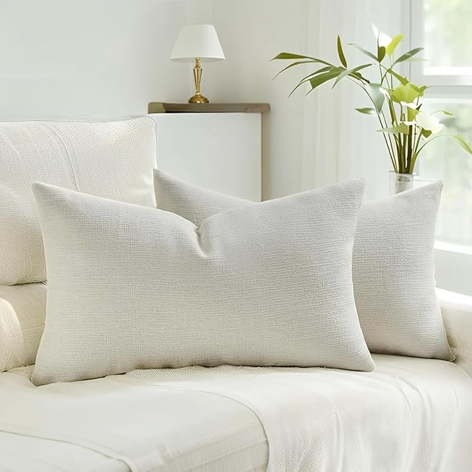 HAUSSY Cream White Throw Pillow Covers 12x20 Inch Set of 2,Boho Decorative Faux Linen Lumber Throw Pillows Cozy Farmhouse Accent Cushion Covers,Home Decor for Couch Sofa Bed Living Room