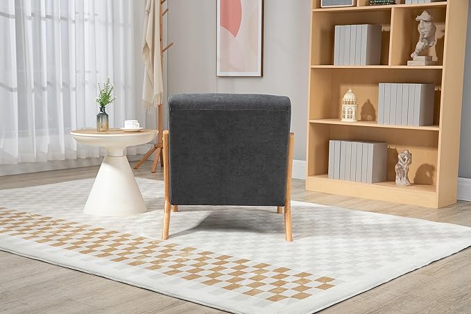 KEIKI Mid Century Modern Accent Chair Wood Frame, Cotton Linen Sleek Neutral Armchair for Living Room Bedroom Sunroom Apartment Studio, Urban Lounge Seat with Waist Cushion, Padded, Easy Setup, Grey
