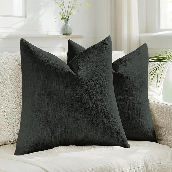 HAUSSY Black Throw Pillow Covers 24x24 Inch Set of 2,Boho Decorative Faux Linen Throw Pillows Cozy Farmhouse Accent Cushion Covers,Home Decor for Couch Sofa Bed Living Room