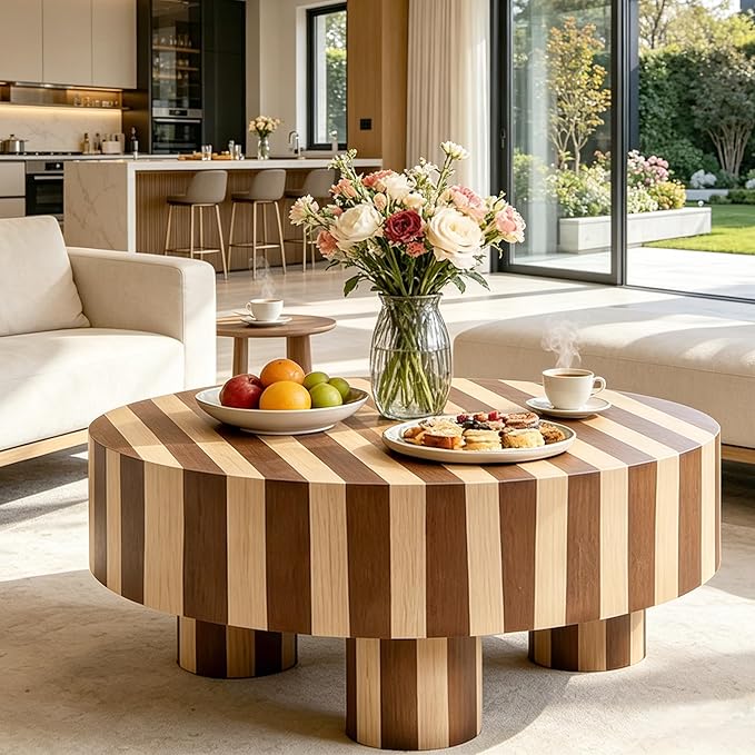 31.5" Modern Round Wood Coffee Table MDF Center Table Striped Design Modern Dinning Table for Living Room, Office, Apartment.(Stripes)