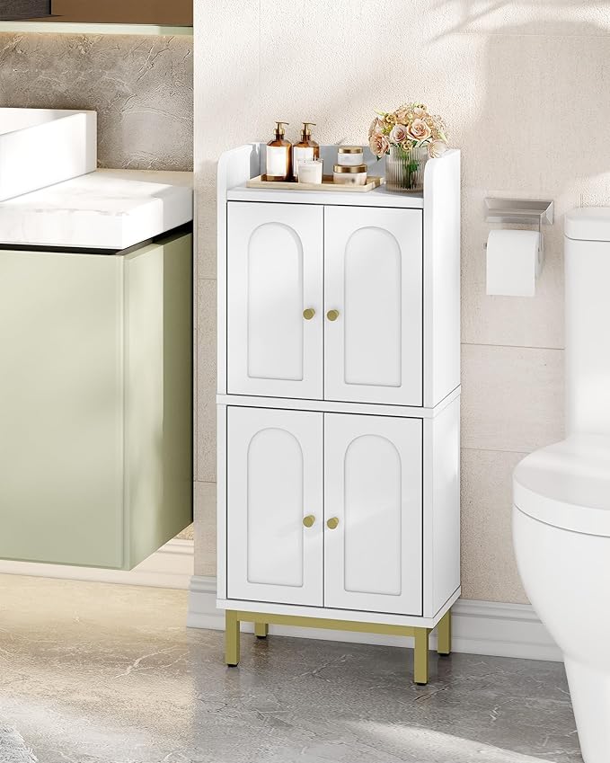 Hzuaneri Bathroom Cabinet, Small Storage Cabinet with 4 Doors, Bathroom Organizers and Storage Cabinets with Adjustable Feet. Cabinets Freestanding for Living Room, Kitchen, 7.1"D x 14.6"W x 32.7"H