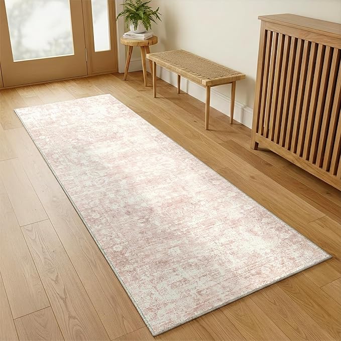 Homemate Washable Rug 2x6 Area Rugs - Vintage Faux Wool Rugs for Living Room Bedroom Dining Room - Non Slip Foldable Carpet Indoor Area Rug for Home Decor（2'x6', Pink
