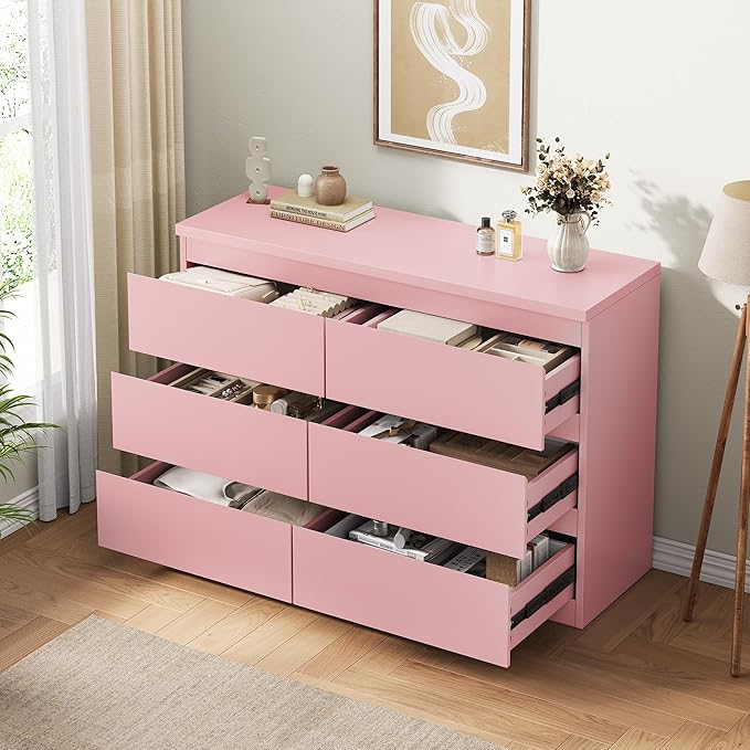Jocoevol Modern Pink 6 Drawer Dresser - Simply Chest of Drawers for Bedroom, Closet, Living Room, Hallway, Entryway, Wood Storage Double Dresser with Smooth Metal Rails - Pink