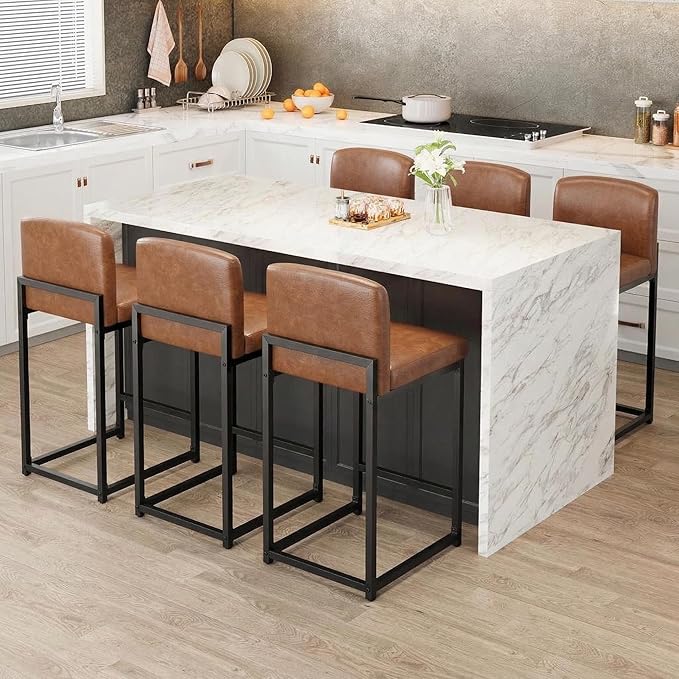 GarveeHome Bar Stools Set of 6, Modern Counter Height Bar Stools with Back and Footrest, Faux Leather Upholstered Barstools Chairs for Kitchen Island Dining Room Bar, Brown