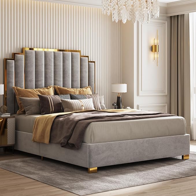 AMERLIFE California King Size Upholstered Bed, Modern Velvet Bed Frame with 65.4” Tall Gold Trim Headboard, No Box Spring Needed, Grey