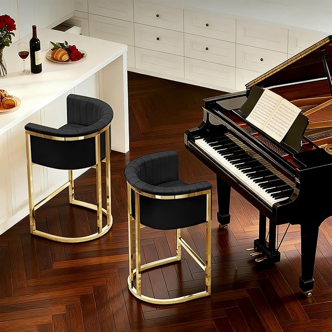Modern Counter Height Bar Stools,Bar Stools Set of 2,PU Leather Upholstered Barrel Barstools with Backs and Arms,26'' Kitchen Island Chairs,Mirror Champagne Gold Base,Ink Black Leather