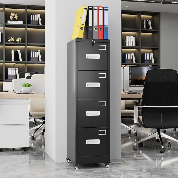 Aobabo 4 Drawer File Cabinet with Lock and Wheels, Metal Vertical Filing Cabinet with Anti-Tilt Interlock System for Home Office, Fits Letter/Legal Size, Black,Required Assembly