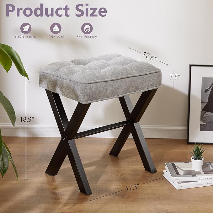 Royal Windsor Vanity Stool,Square Ottoman Stool Foot Rest,Upholstered Vanity Chair Foot Stool with Metal X Legs, Small Vanity seat for Entryway,Bedroom and Living Room,Linen Light Grey