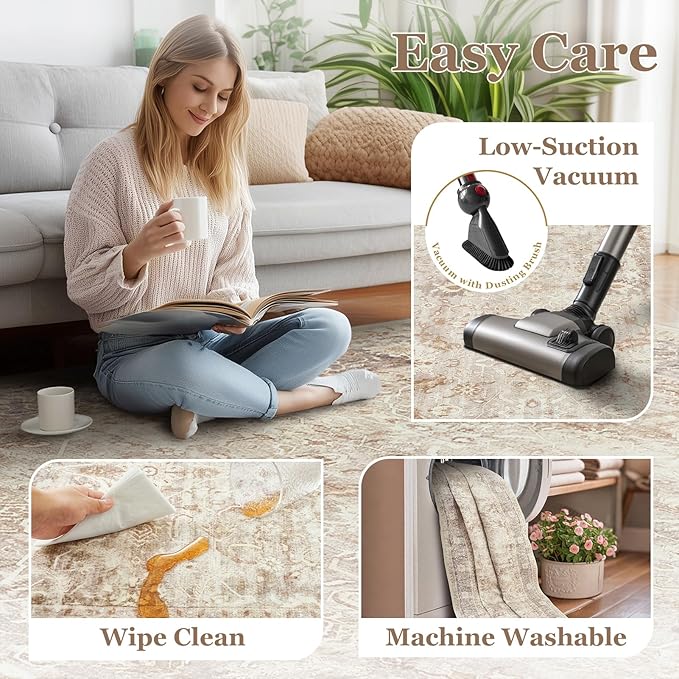 Small Area Rugs 3x4, Neutral Beige Throw Rugs for Kitchen Bathroom Bedroom, Washable Non Slip Ultra Thin Front Indoor Door Mats for Entrance Entryway Foyer, Vintage Farmhouse Earth Tone